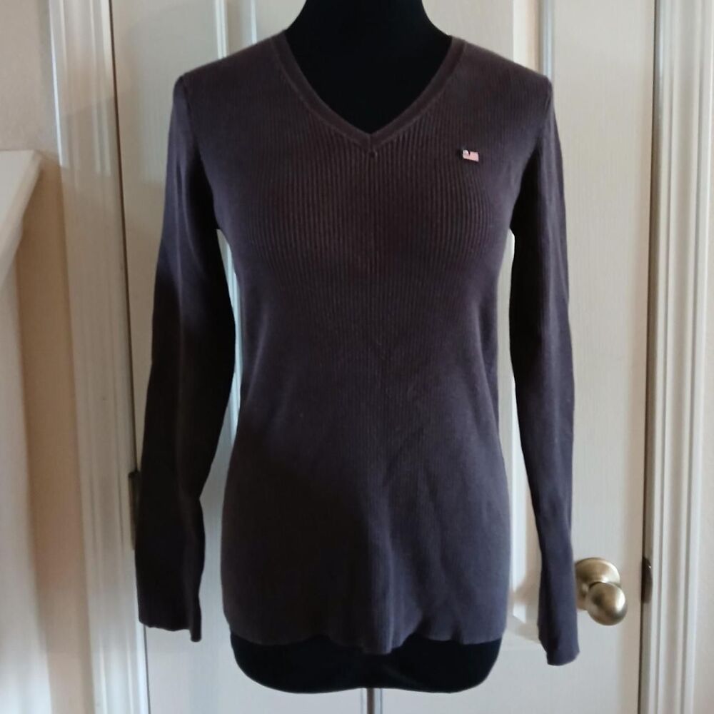 Y2K VTG Polo Jeans Co Ralph Lauren Brown Ribbed Long Sleeve Baby Tee Flag Logo L